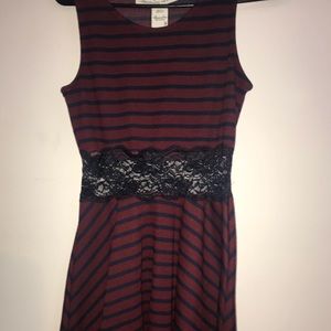 maroon/navy blue striped dress with lace cutout
